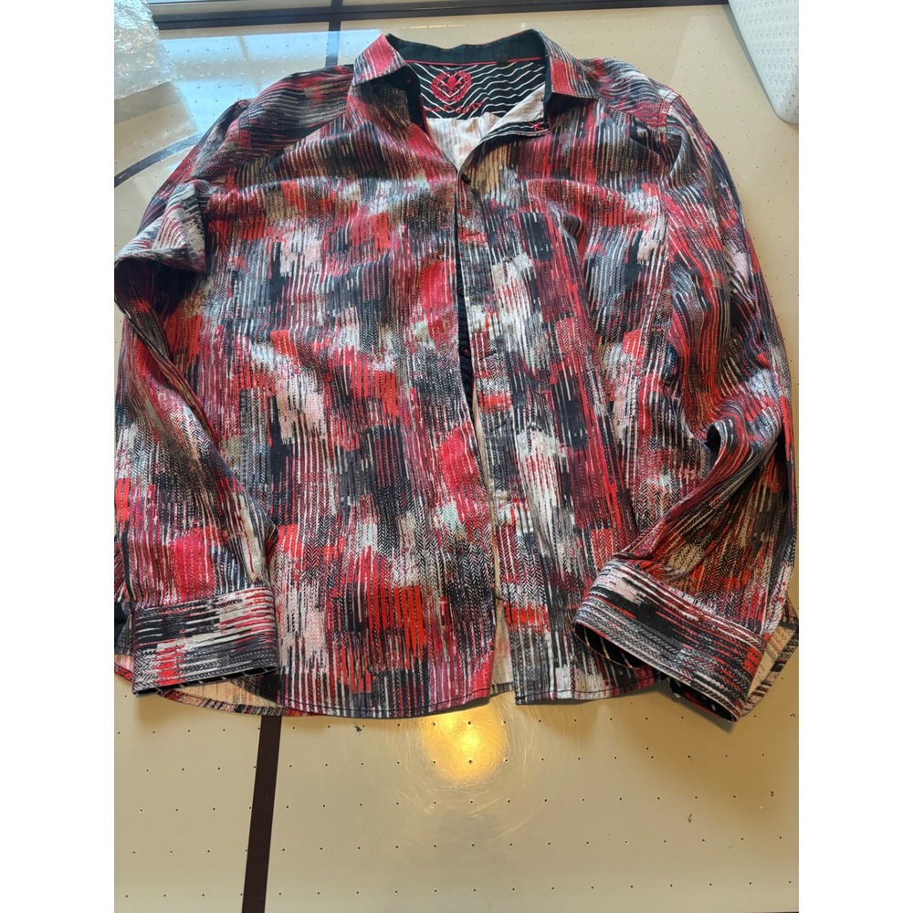 Au Noir Mens Red Black White Abstract Gr Button Down Shirt Size 7 Made in Turkey